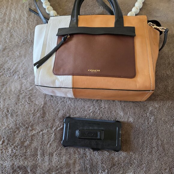 Coach Bleecker Riley 30150 Colorblock Leather Satchel Tote Bag Tan Black White - Picture 16 of 16